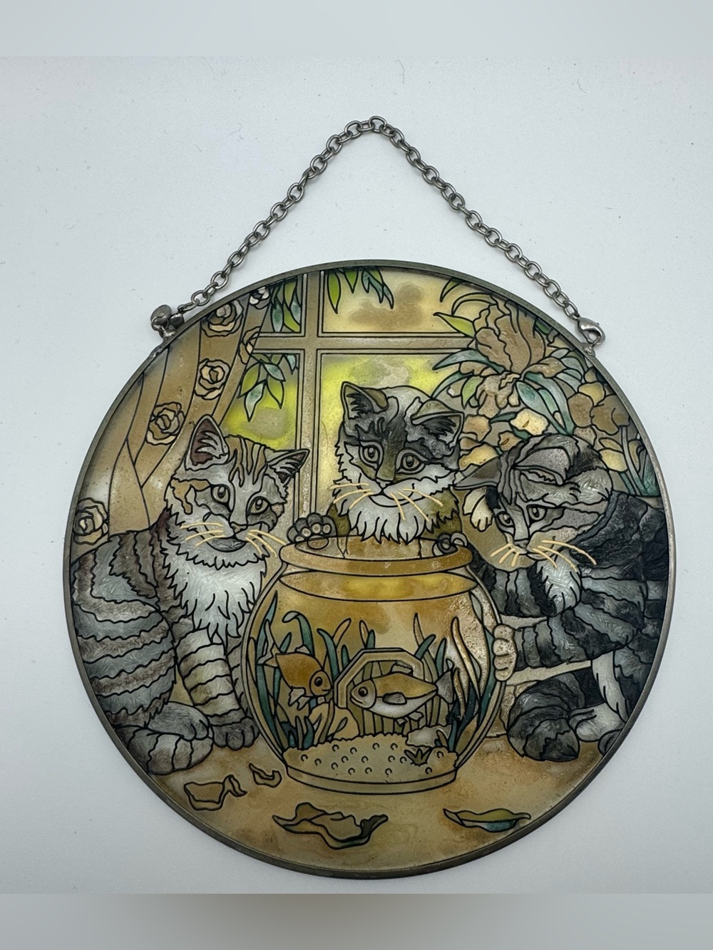 AMIA Hand Painted Stained Glass Suncatcher Debbie Cook Kittens Fishbowl Cat